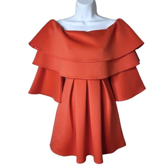 Asos Women's Mini Dress 0 Red Orange Off the Shoulder Ruffle Fit & Flare Stretch - Picture 1 of 8